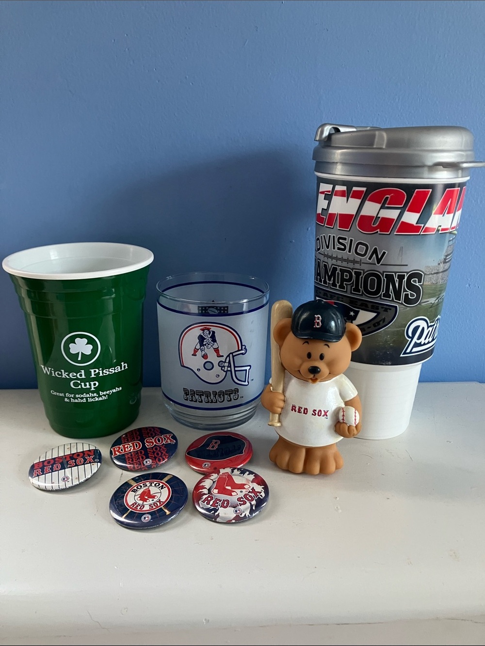 Bundle of New England Patriots and Boston Red Sox Cups and Pins and Bear
